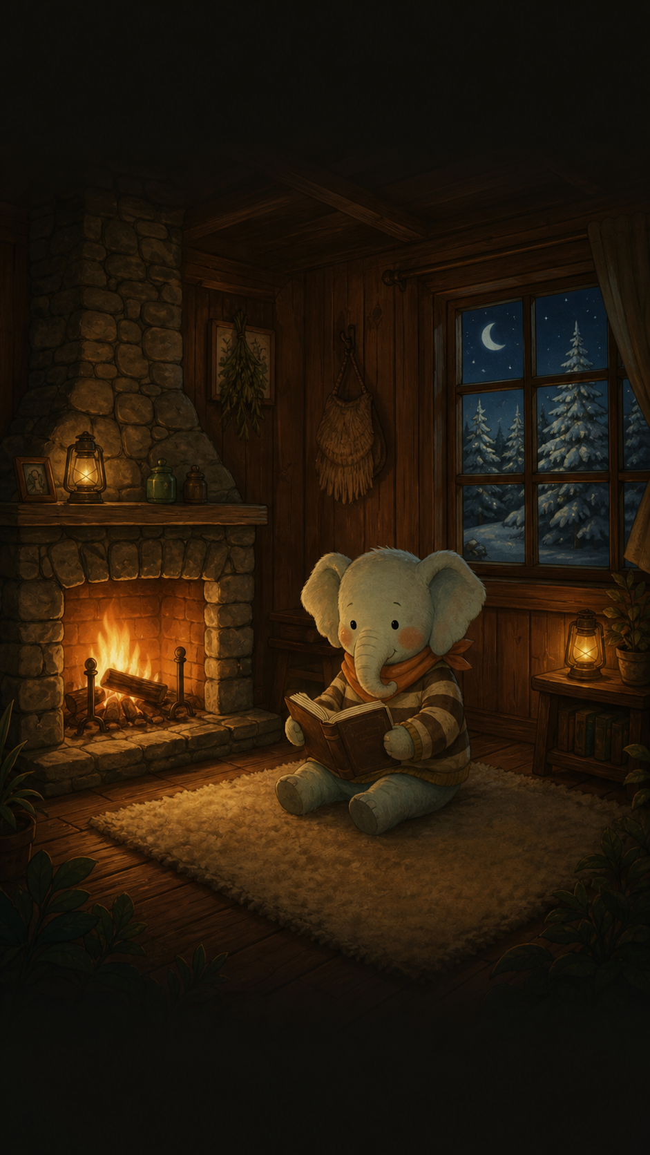 夜晚木屋里的温暖灯光